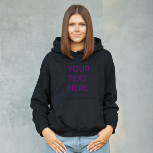 Black hoodie front text here