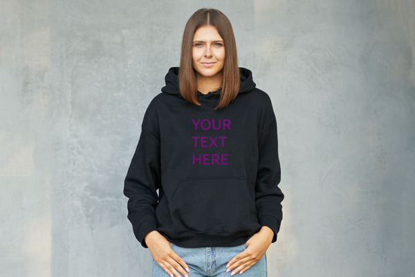 Black hoodie front text here